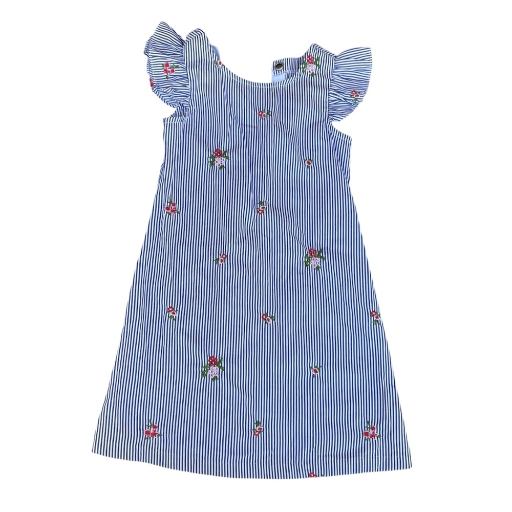 Bonnie Jean Girls Blue White Striped Floral Flutter Sleeve Dress Size 7 Lace up
